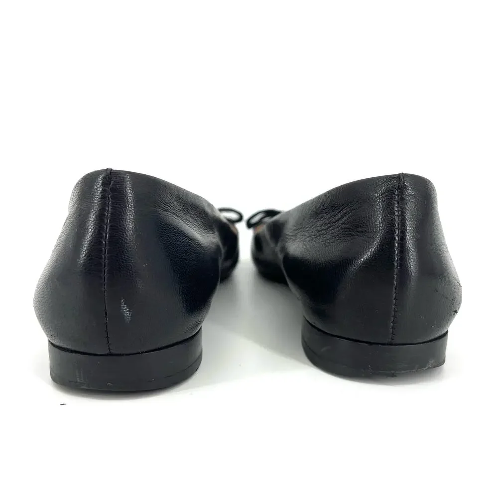 Tory Burch Black Leather Gemini Logo Flat Ballet‎ Pumps Ribbon Bow (5.5)